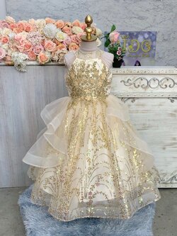 ชุดราตรีเด็ก(ร้านอยู่รัชดา ลองได้ถ่ายรูปจากชุดจริง)W19054สีทอง ห้อยคริสตรัลที่แขน