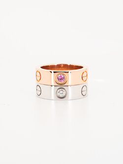 **สำหรับไซส์นิ้ว 49#** แหวน Cartier Love Pink sapphire ทองชมพู18K x แหวน Cartier Love 3Diamonds ทองขาว18K (Used)