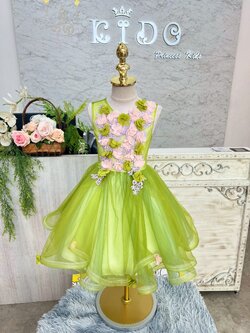 ชุดราตรีเด็ก(หน้าร้านอยู่รัชดา ลองได้ถ่ายรูปเองจากชุดจริง)W19170 สีเขียว กระโปรงสั้น แขนสั้น ประดับดอกไม้ สวยน่ารักมากค่ะ