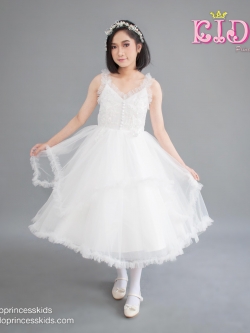 ชุดออกงานเด็ก(หน้าร้านอยู่รัชดา ลองได้ถ่ายรูปจากของจริง)F081สีขาว แนววินเทจ มีแขนยาวซีทรูสามารถถอดออกได้ กระโปรงยาว ชุดราตรีเด็ก