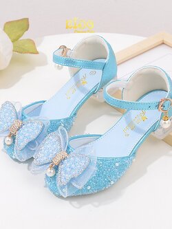 รองเท้าเด็กออกงาน(หน้าร้านอยู่รัชดา ลองได้)H150 สีฟ้า เปิดข้างโบว์หน้าห้อยมุก
