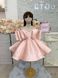 ชุดราตรีเด็ก(ร้านอยู่รัชดา ลองได้ถ่ายรูปจากชุดจริง)W19128 สีชมพู แขนตุ๊กตา เปิดไหล่ กระโปรงสั้น ซาตินเรียบหรู