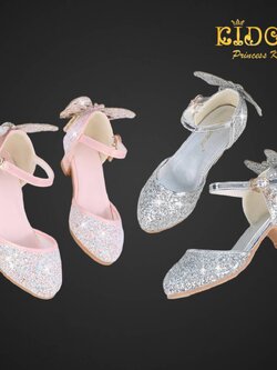 ssรองเท้าเด็ก(หน้าร้านอยู่รัชดา ลองได้)H011 สีชมพู สีเงิน เพชรระยิบระยับ ผีเสื้อด้านหลังสุดเก๋ ทรงเปิดข้าง สวยเจ้าหญิงมาก