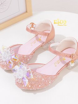 รองเท้าเด็กออกงาน(หน้าร้านอยู่รัชดา ลองได้)H151 สีชมพู เปิดข้างประดับดอกไม้แก้ว