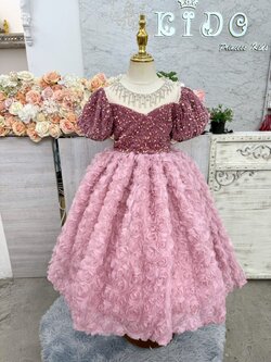 ชุดราตรีเด็ก(ร้านอยู่รัชดา ลองได้ถ่ายรูปจากชุดจริง)W19109. สีชมพู แขนตุ๊กตา กระโปรงยาวฟู