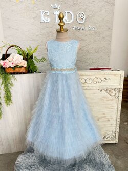 ชุดราตรีเด็ก(หน้าร้านอยู่รัชดา ลองได้ถ่ายรูปเองจากชุดจริง)W19223 สีฟ้า กระโปรงยาว แขนสั้น เอวประดับเพชร