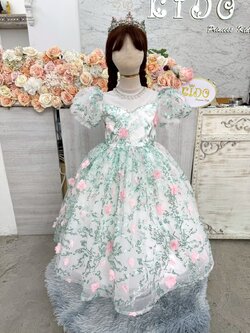 ชุดราตรีเด็ก(หน้าร้านอยู่รัชดา ลองได้ถ่ายรูปจากชุดจริง)W19135 สีเขียว กระโปรงยาว แขนตุ๊กตา ประดับลายดอกไม้ สวยหวานมากค่ะ