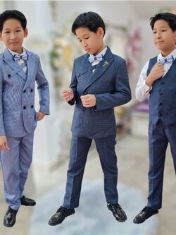 Sสูทเด็กผู้ชาย(หน้าร้านอยู่รัชดา ลองได้ถ่ายรูปจากชุดจริง)S126เซ็ตสูท 5ชิ้นเซ็ตสไตล์อังกฤษ สูท เชิ้ต กั๊ก กางเกง หูกระต่ายสีน้ำเงิน สีฟ้า