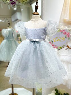 ชุดราตรีเด็ก(หน้าร้านอยู่รัชดา ลองได้ถ่ายรูปจากชุดจริง)W18751สีเงิน แขนพอง ประดับดาวประกาย