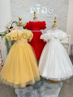 sชุดราตรีเด็ก(หน้าร้านอยู่รัชดา ลองได้ถ่ายรูปจากชุดจริง)W19207 สีเหลือง ขาว แดง กระโปรงยาว โอบไหล่ จีบย่น สวยหวาน