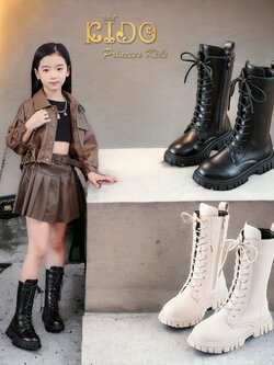 Cบูทเด็ก(หน้าร้านอยู่รัชดา ลองได้)H132 สีดำ ขาว ด้านหน้าร้อยเชือกสูง แบบเท่ๆ