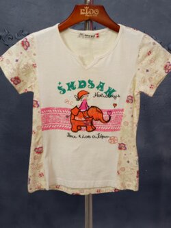 เสื้อยืดเด็ก*มีหน้าร้าน ตรงปก พร้อมส่ง 2015 แขนสั้น สีครีม คอเว้า ปักรูปเด็กผู้หญิงขี้ช้าง