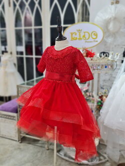 ชุดราตรีเด็ก(หน้าร้านอยู่รัชดา ลองได้ถ่ายรูปจากชุดจริง)R188 ชุดออกงานเด็ก สีแดง เสื้อตกแต่งด้วยลูกไม้ กระโปรงหน้าสั้นหลังยาว แขนยาว ชุดเดรสเด็ก