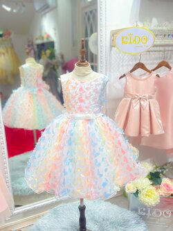 ชุดออกงานเด็ก(หน้าร้านอยู่รัชดา ลองได้ถ่ายรูปจากชุดจริง)B259 สีโอรส ประดับผีเสื้อทั้งชุด กระโปรงสั้นฟู สีสดใสน่ารัก