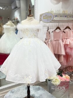 ชุดเจ้าหญิง(ร้านอยู่รัชดา ลองได้ถ่ายรูปจากชุดจริง)W18370 สีขาว แขนระบายแต่งขนนก กระโปรงยาว เจ้าหญิงเลยค่ะ