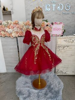 ชุดราตรีเด็ก(หน้าร้านอยู่รัชดา ลองได้ถ่ายรูปเองจากชุดจริง)W19166 สีแดง กระโปรงสั้น แขนตุ๊กตา ประดับเพชรวิ้งๆ