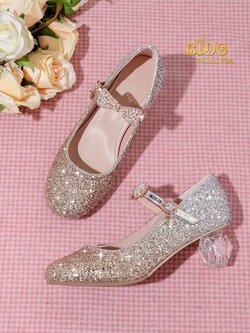 รองเท้าเด็กออกงาน(หน้าร้านอยู่รัชดา ลองได้)H067สีทอง ทูโทน เพชรระยิบระยับ ประดับด้วยโบว์ติดเพชรตรงสายรัดรองเท้า ส้นแก้ว สวยหรูมาก