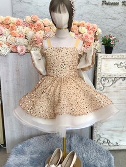 ชุดราตรีเด็ก(หน้าร้านอยู่รัชดา ลองได้ถ่ายรูปจากชุดจริง)W18986 สีครีม ประดับโบว์ไหล่ยาว กลิตเตอร์วิ้งวั้ง กระโปรงสั้นฟูชั้นๆ