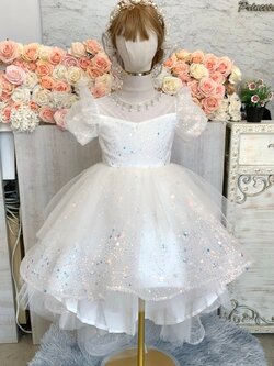 ชุดราตรีเด็ก(หน้าร้านอยู่รัชดา ลองได้ถ่ายรูปจากชุดจริง)W18971 สีขาว แขนตุ๊กตาและคอหัวใจ กระโปรงหน้าสั้นหลังยาว น่ารักลุคคุณหนู