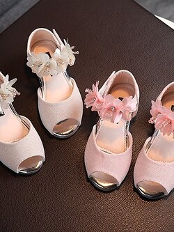 รองเท้าเด็กออกงาน(หน้าร้านอยู่รัชดา ลองได้)H146ชมพู เปิดนิ้วแต่งดอกไม้ที่สาย