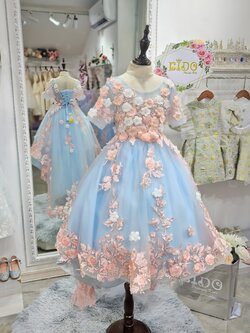 ชุดราตรีเด็ก(หน้าร้านอยู่รัชดา ลองได้ถ่ายรูปเองจากชุดจริง)W18568 สีฟ้า แต่งดอกไม้แขนสามส่วนกระโปรงหน้ายาวเจ้าหญิง