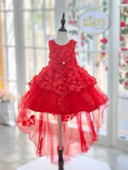 ชุดออกงานเด็ก(หน้าร้านอยู่รัชดา ลองได้ถ่ายรูปจากชุดจริง)E041สีแดง ตกแต่งด้วยดอกไม้ทั้งตัว กระโปรงหน้าสั้นหลังยาว