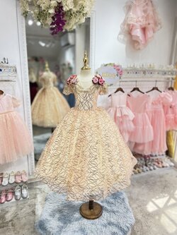 ชุดราตรีเด็ก(หน้าร้านอยู่รัชดา ลองได้ถ่ายรูปจากชุดจริง)W18458 สีทอง แขนแต่งดอกไม้ กระโปรงยาวฟูๆ เรียบหรูดั่งเจ้าหญิงเลยค่ะ