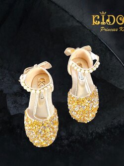 รองเท้าเด็ก(หน้าร้านอยู่รัชดา ลองได้)H032 สีทอง เกล็ดเพชรระยิบระยับ ติดโบว์ด้างหลังสุดเก๋ ประดับด้วยมุกตรงสายรัดรองเท้า
