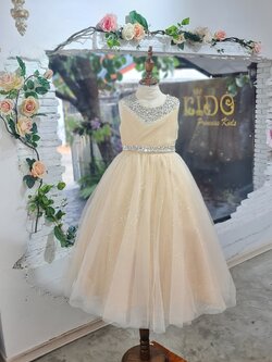 ชุดราตรีเด็ก(หน้าร้านอยู่รัชดา ลองได้ถ่ายรูปจากชุดจริง)A214สีทอง อกแต่งจีบไหว้เอวปัดเกล็ด กระโปรงยาวสุดหรูหราไฮโซมากๆเลย เดรสออกงานเด็ก