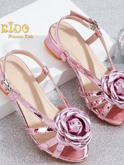 รองเท้าเด็ก(หน้าร้านอยู่รัชดา ลองได้)H176 สีชมพู สานหน้าติดดอกไม้ รัดข้อเท้า หวานๆน่ารัก