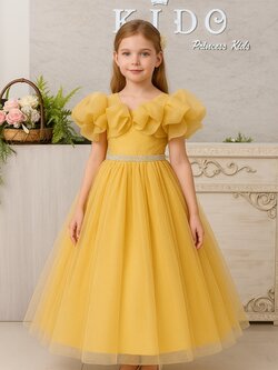 ชุดราตรีเด็ก(หน้าร้านอยู่รัชดา ลองได้ถ่ายรูปจากชุดจริง)W19207 สีเหลือง กระโปรงยาว โอบไหล่ จีบย่น สวยหวาน