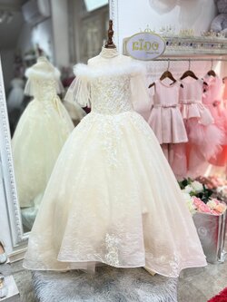 ชุดเจ้าหญิง(ร้านอยู่รัชดา ลองได้ถ่ายรูปจากชุดจริง)W18456 สีครีม แขนระบายแต่งขนนก กระโปรงหน้ายาวหลังยาว เจ้าหญิงเลยค่ะ