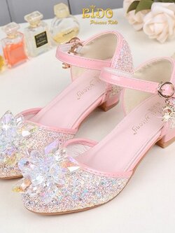 รองเท้าเด็กออกงาน(หน้าร้านอยู่รัชดา ลองได้)H039สีชมพู ติดดอกไม้แก้ว ทรงเปิดข้าง เพชรระยิบระยับ สวยเจ้าหญิงมาก