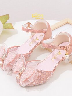 รองเท้าเด็กออกงาน(หน้าร้านอยู่รัชดา ลองได้)H150 สีชมพู เปิดข้างโบว์หน้าห้อยมุก