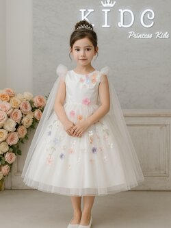 ชุดราตรีเด็ก(หน้าร้านอยู่รัชดา ลองได้ถ่ายรูปจากชุดจริง)W19042สีขาว ตกแต่งดอกไม่มีสไบหลัง