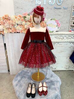 ชุดราตรีเด็ก(ร้านอยู่รัชดา ลองได้ถ่ายรูปจากของจริง)W19097 สีแดง แขนยาว กระโปรงสั้น ไหล่ระบาย