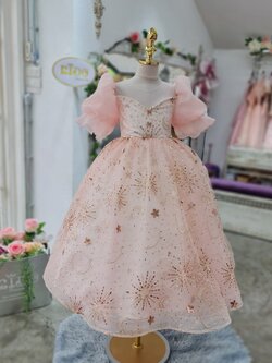 ชุดราตรีเด็ก(หน้าร้านอยู่รัชดา ลองได้ถ่ายรูปจากชุดจริง)W18771 สีโอรส กระโปรงยาวแขนตุ๊กตา ติดกลิตเตอร์ทั้งตัว น่ารักสวยหรู