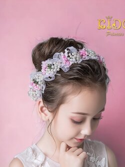 Sคาดผมเด็ก(หน้าร้านอยู่รัชดา)KF539 สีชมพู สีขาว เส้นคาดผมช่อดอกไม้สลับมุก น่ารัก