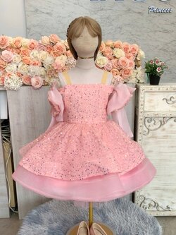 ชุดราตรีเด็ก(หน้าร้านอยู่รัชดา ลองได้ถ่ายรูปจากชุดจริง)W18986 สีชมพู ประดับโบว์ไหล่ยาว กลิตเตอร์วิ้งวั้ง กระโปรงสั้นฟูชั้นๆ