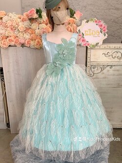 ชุดราตรีเด็ก(หน้าร้านอยู่รัชดา ลองได้ถ่ายรูปเองจากชุดจริง)W19089 สีมินท์ กระโปรงยาว เอวระบายฟูชั้นๆ แขนสั้น สไตล์เจ้าหญิง