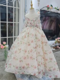 ชุดราตรีเด็ก(หน้าร้านอยู่รัชดา ลองได้ถ่ายรูปจากชุดจริง)W18427สีขาวพิมพ์ลายดอกไม้สีชอพู กระโปรงหน้ายาวหลังยาว แขนตุ๊กตาเปิดไหล่ ดูหวานมากเลยคะ