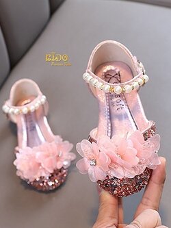 รองเท้าเด็กออกงาน(หน้าร้านอยู่รัชดา ลองได้)H186 สีชมพู เปิดข้างดอกไม้หน้าคาดมุก