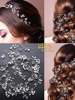 คาดผม(หน้าร้านอยู่รัชดา)KF583 ที่คาดผมประดับด้วยด้วยมุกและคริสตัล สีเงิน สวยหวานงานหรูมาก