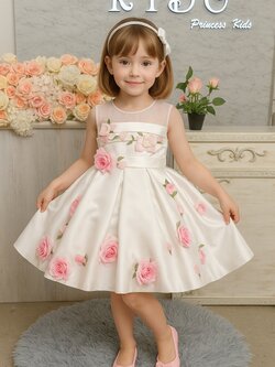 ชุดราตรีเด็ก(หน้าร้านอยู่รัชดา ลองได้ถ่ายรูปจากชุดจริง)W19040สีขาว ตกแต่งด้วยดอกไม้หวานๆคะ