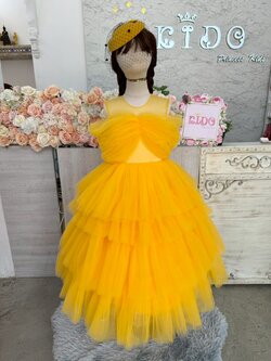 ชุดราตรีเด็ก(หน้าร้านอยู่รัชดา ลองได้ถ่ายรูปจากชุดจริง)W19124 สีเหลือง กระโปรงยาว แขนสั้น ติดติ้นทองวิ้งๆสวยหรู