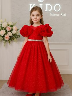 ชุดราตรีเด็ก(หน้าร้านอยู่รัชดา ลองได้ถ่ายรูปจากชุดจริง)W19207 สีแดง กระโปรงยาว โอบไหล่ จีบย่น สวยหวาน