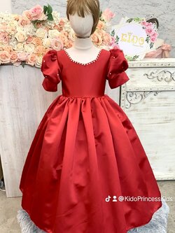 ชุดราตรีเด็ก(ร้านอยู่รัชดา ลองได้ถ่ายรูปจากชุดจริง)W19091 สีแดง กระโปรงยาว ประดับด้วยโบว์ แขนตุ๊กตา