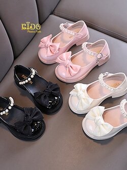 รองเท้าเด็ก(หน้าร้านอยู่รัชดา ลองได้)H185 สีดำ โบว์หน้า คาดมุกล้อม ตรงสายรัดรองเท้า น่ารักมากคะ