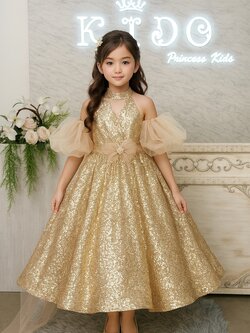 ชุดราตรีเด็ก(หน้าร้านอยู่รัชดา ลองได้ถ่ายรูปเองจากชุดจริง)W19179 สีทอง กระโปรงยาว เปิดไหล่ คอจีน สวยหรู วิ้งๆทั้งชุด