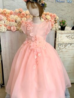 ชุดราตรีเด็ก(หน้าร้านอยู่รัชดา ลองได้ถ่ายรูปจากชุดจริง)W18959 สีชมพู ตกแต่งด้วยดอกไม้ แขนตุ๊กตากระโปรงยาว